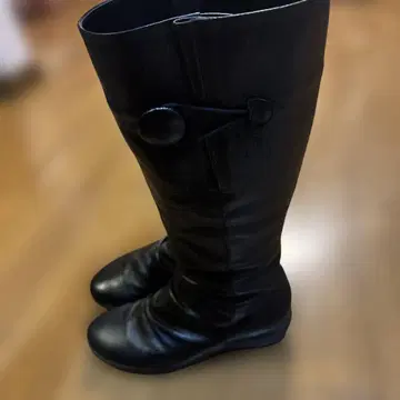 일본제 버튼 달린 가죽 롱 부츠 블랙