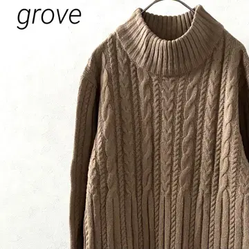 grove 무릎 기장 니트 원피스 하이넥 케이블 짜임 심플 루즈핏