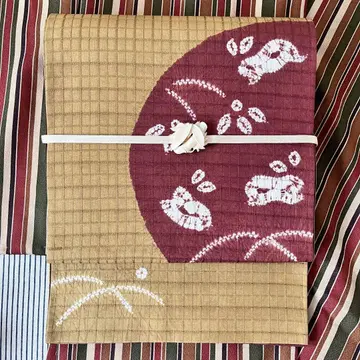 복합 오비, 조임 토끼, 겨자색 브라운 계열, 오타이코 패턴, 순수 실크