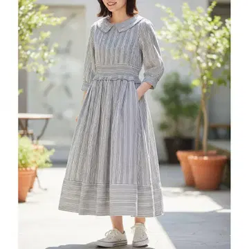 토코 클로젯 카라 부착 소매 펄 스트라이프 원피스 허리밴딩 M