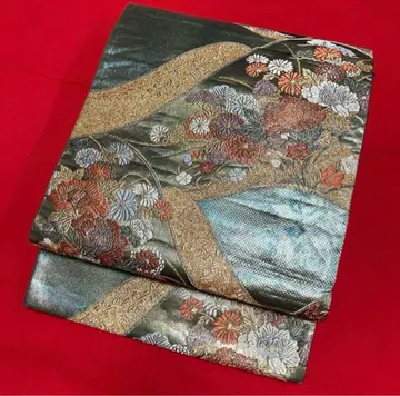 후쿠로 오비 순수 실크 짙은 녹색 금