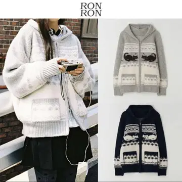 [ RONRON ] CAT JACQUARD HOOD ZIP UP KNIT