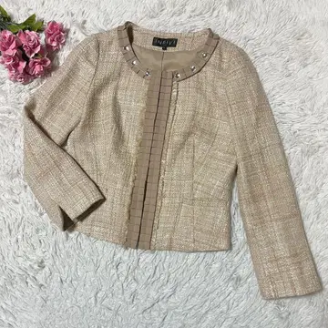 INDIVI 인디비 트위드 노카라 자켓 베이지 큐빅