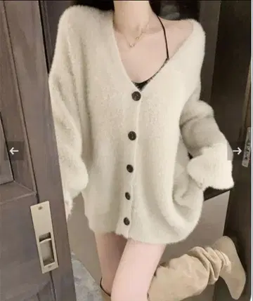 spraypremium 화이트 V넥 샤기 니트 롱 가디건