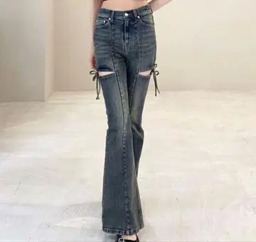 RESEXXY 컷 아웃 리본 데님 팬츠 블루