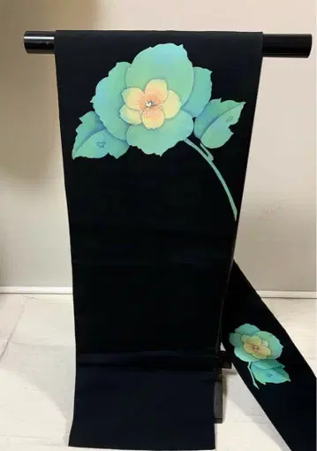 순수 실크 시오제 나고야 오비 블랙 베이스에 에메랄드 장미 374cm