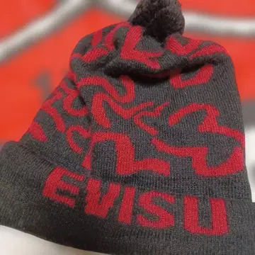 EVISU 니트 모자 블랙 빨간색 로고