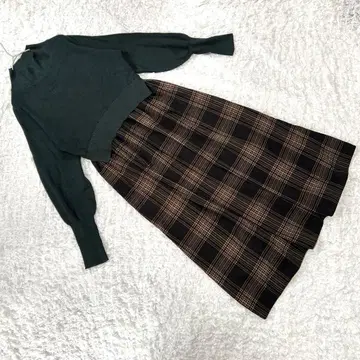 새상품급 [엘비씨] (M) 도킹 롱 원피스 절개 그린 체크 무늬