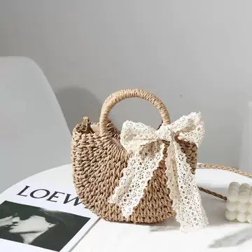 스트로우백 손뜨개질 바스켓, 핸드백 숄더백 레이스 리본 포함
