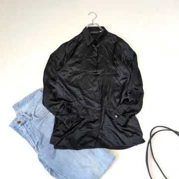 이탈리아제 새틴 긴팔 블라우스 셔츠 [ 40 ] 블랙 광택감 무지 심플