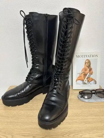 새상품급 40 [ ZARA ] 자라 레이스업 롱 부츠 블랙 통굽 부츠
