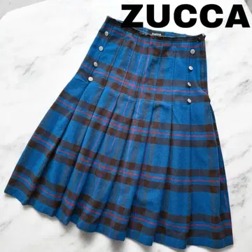 ZUCCA 주카 플리츠 스커트 M 블루 계열 체크 울 일본제
