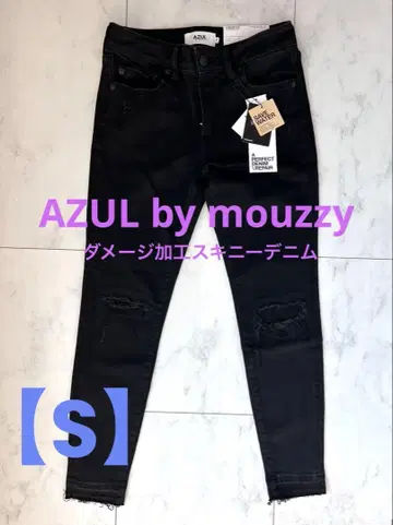 AZUL by MOUSSY 컷팅 데미지 스키니 데님 블랙 [ S ]