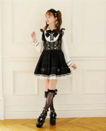 리즈리사 시어 체크 에이프런 프릴 원피스 블랙 양산형