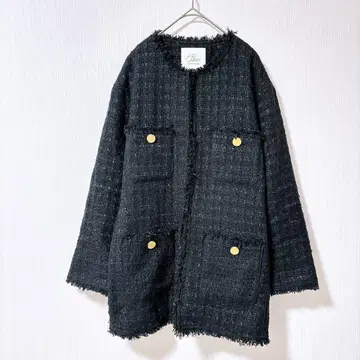 새상품급 라 부티크 봉봉 노카라 팬시 트위드 자켓 울 블랙