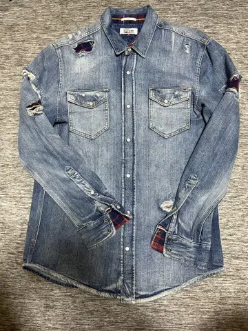 TOMMY HILFIGER 데미지 데님 체크 안감 부착 셔츠