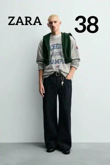 ZARA CHAMPION 스트라이프 배기 핏 청바지 38