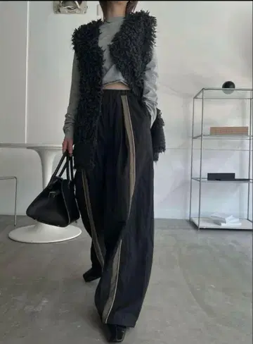 willfully 나일론 와이드 팬츠 라인 팬츠 블랙