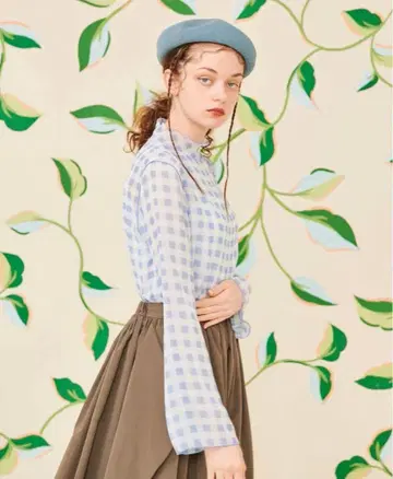poppy 아사기니뇨 시스루 상의 스카이블루 체크