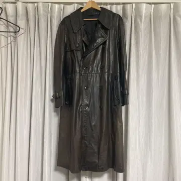 빈티지 천연 가죽 페이드 가죽 트렌치코트 블랙 무릎 아래 기장