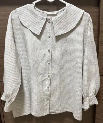blue willow 마 린넨 카라 부착 스트라이프 긴팔 블라우스
