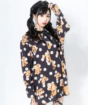 TRAVAS TOKYO 도트 곰 올 패턴 프린트 셔츠