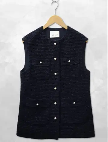 아나이 ANAYI 펄 버튼 카라미 트위드 포켓 지레 베스트 38