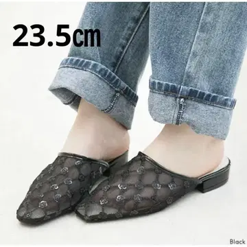 미사용 새상품 튤 레이스 로우힐 뮬 샌들 블랙 23.5cm