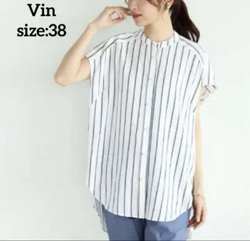 야마다야 Vin 펄 버튼 스트라이프 셔츠 블라우스 프렌치 슬리브