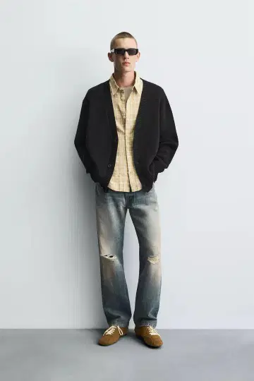 ZARA 데미지 가공 리브 가디건 블랙 M