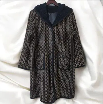 올 패턴 후드 부착 롱 코트 빈티지 80s 블랙 브라운