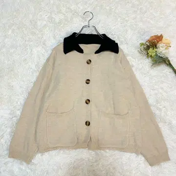 카라 부착 니트 자켓 가디건 퍼 배색 옷깃 베이지 블랙