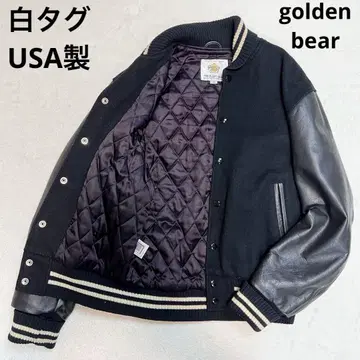 80s USA제 골든 베어 바시티 자켓 소매 가죽 천연 가죽 퀼팅