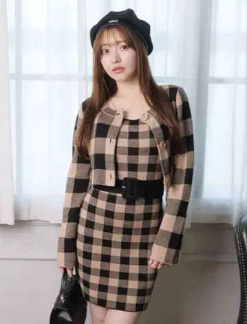 립서비스 레트로 체크 앙상블 니트 원피스 브라운