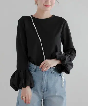 Fit more 벌룬 슬리브 티셔츠 블랙 블랙 새상품