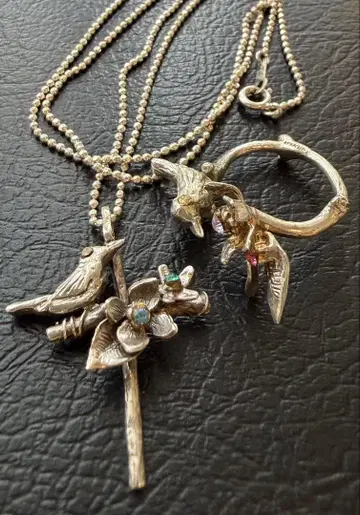 H.P.FRANCE 새와 꽃 모티브 스톤 장식 실버 925 각인 목걸이