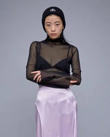 튤 하이넥 상의
