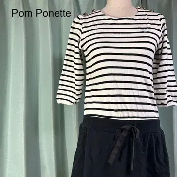 Pom Ponette 스트라이프 원피스 L 허리에 리본, 어깨 버튼