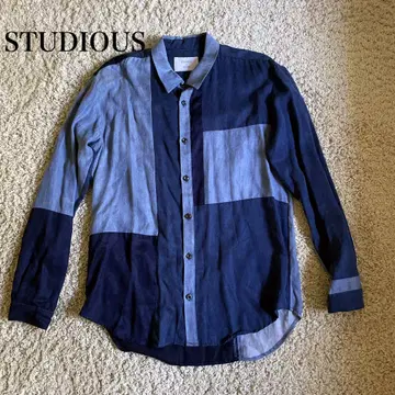 STUDIOUS 패치워크 긴팔 셔츠 네이비 블루