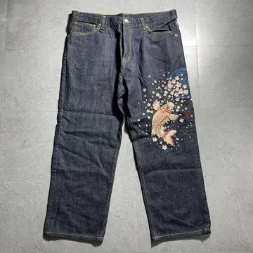 미사용급 파달 일본풍 패턴 데님 잉어 벚꽃 자수 다크 네이비 3L