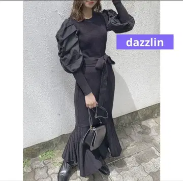 dazzlin 퍼프 슬리브 블랙 롱 니트 원피스