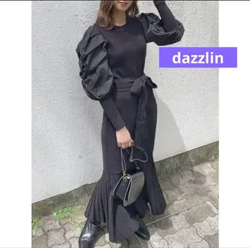 dazzlin 퍼프 슬리브 블랙 롱 니트 원피스