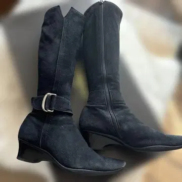 가는 통 요시노야 블랙 천연 가죽 스웨이드 롱 부츠