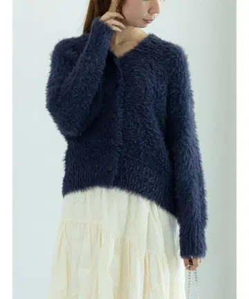 테치치 네이비 샤기 긴팔 가디건