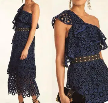 셀프 포트레이트 네이비 플라워 레이스 비대칭 원피스