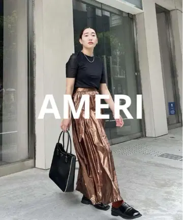 아메리 택 포함 METALLIC VOLUME SKIRT 브론즈 롱 스커트