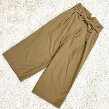 로페 베이지 와이드 팬츠 턱 하이웨스트 벨트 포함 리본 M