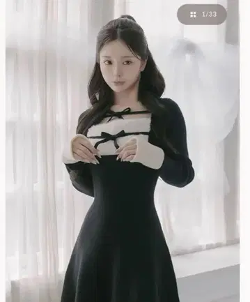 다리치 리본 퍼 플레어 니트 미니 원피스 블랙 FL 사이즈