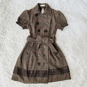리즈리사 체크 무늬 원피스 울 혼방 반팔 코트 허리 리본
