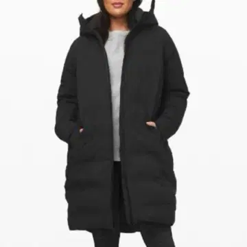 블랙 후드 부착 롱 다운 자켓